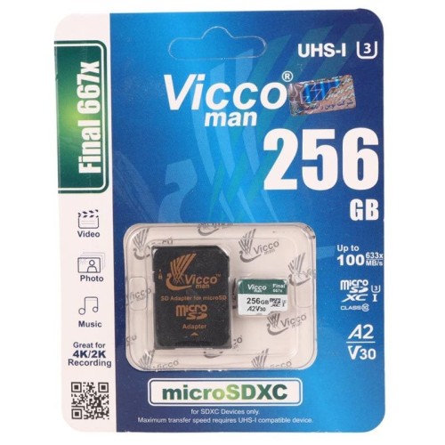 رم میکرو 256 گیگ ویکومن Vicco Man Final 667X A2 V30 U3 100MB/s + خشاب