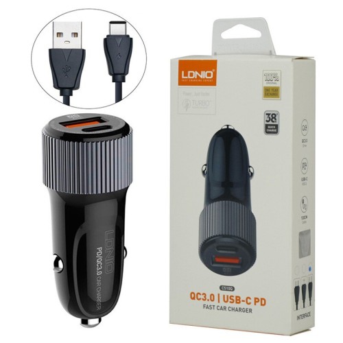 شارژر فندکی 38 وات الدینیو C510Q + کابل تایپ سی